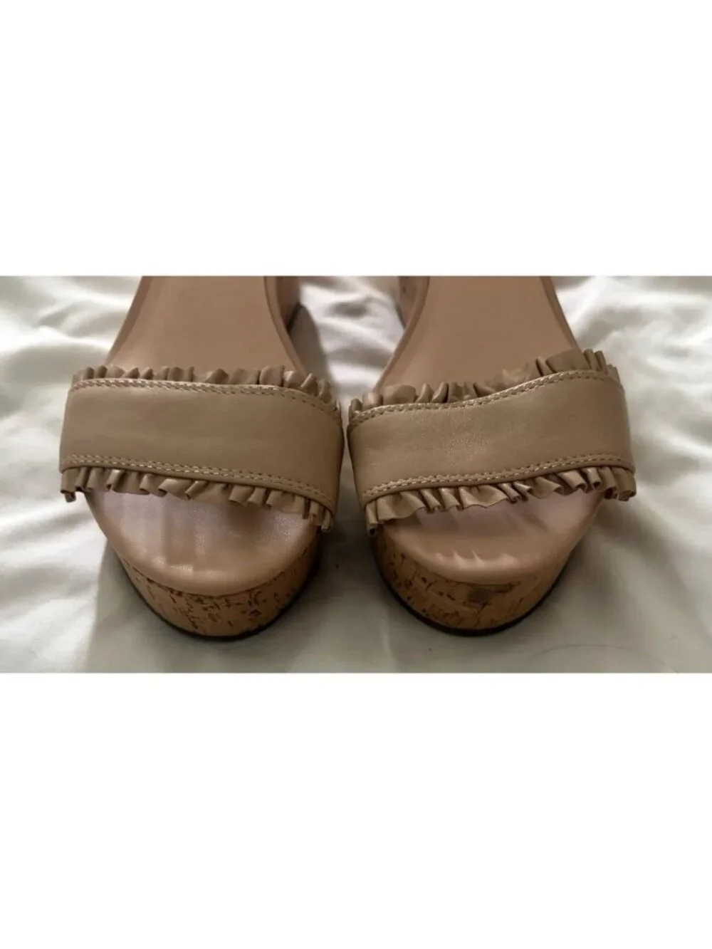 KATE SPADE Tomas Wedge Leather Nude Pink Ruffle Sandals Cork Shoes Size 10